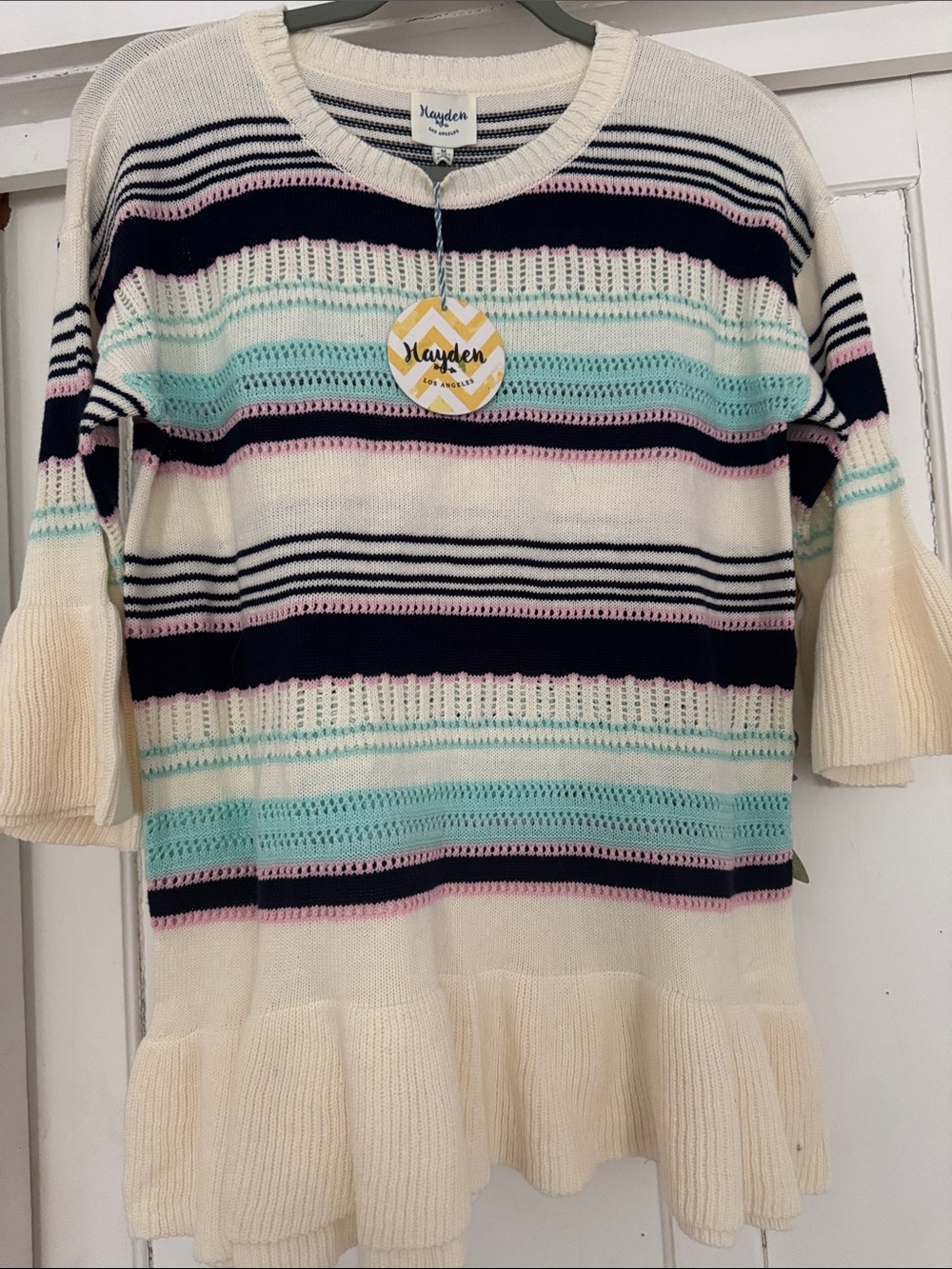 Hayden Cream Sweater Tunic with Navy, Mint & Pink Stripes